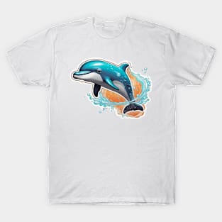 a cheerful dolphin leaping out of the water, surrounded by bubbles. T-Shirt